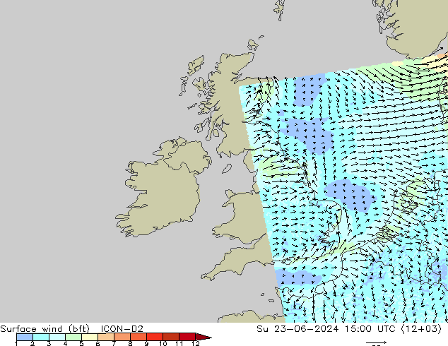 Bodenwind (bft) ICON-D2 So 23.06.2024 15 UTC
