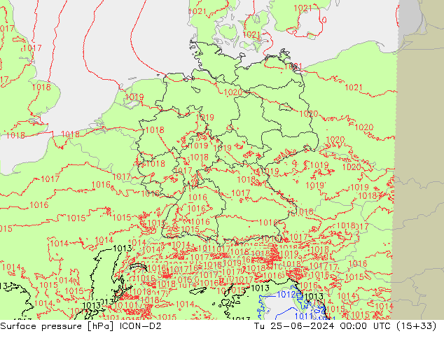 Surface pressure ICON-D2 Tu 25.06.2024 00 UTC