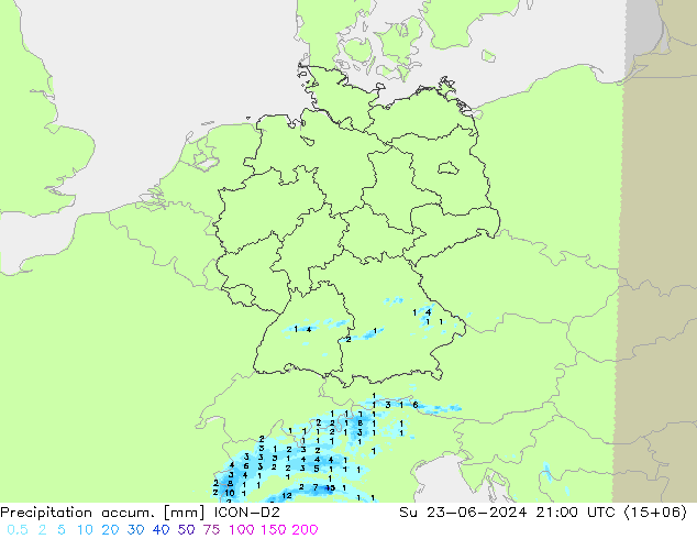 Precipitation accum. ICON-D2 Su 23.06.2024 21 UTC