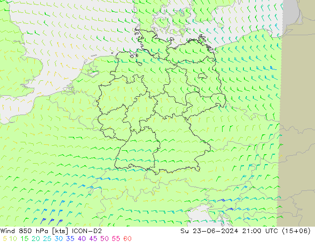 Wind 850 hPa ICON-D2 Su 23.06.2024 21 UTC