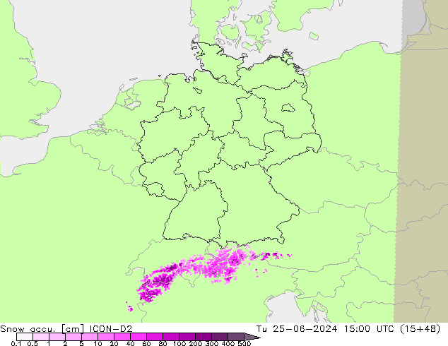 Snow accu. ICON-D2 Ter 25.06.2024 15 UTC