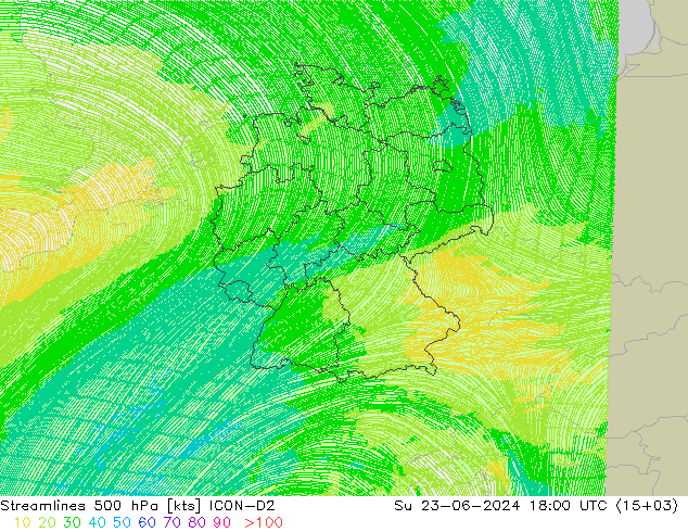 Linia prądu 500 hPa ICON-D2 nie. 23.06.2024 18 UTC