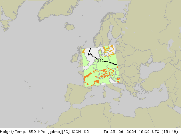 Height/Temp. 850 hPa ICON-D2 Tu 25.06.2024 15 UTC