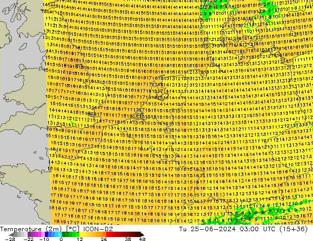 Temperatuurkaart (2m) ICON-D2 di 25.06.2024 03 UTC