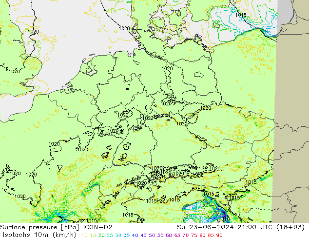 Isotachen (km/h) ICON-D2 zo 23.06.2024 21 UTC