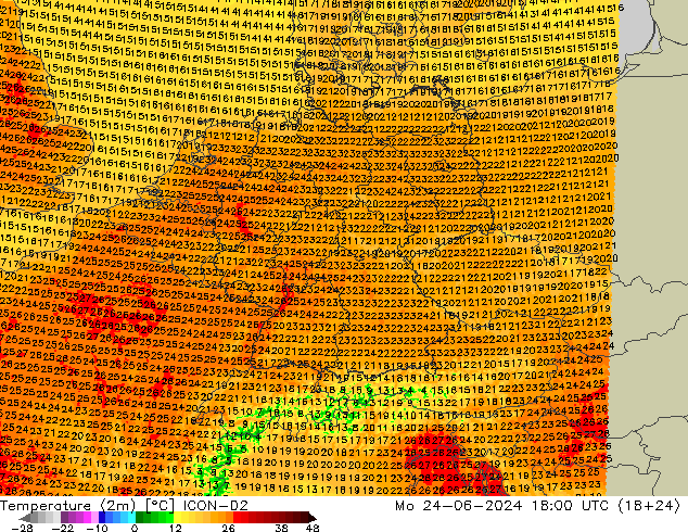 Temperature (2m) ICON-D2 Mo 24.06.2024 18 UTC