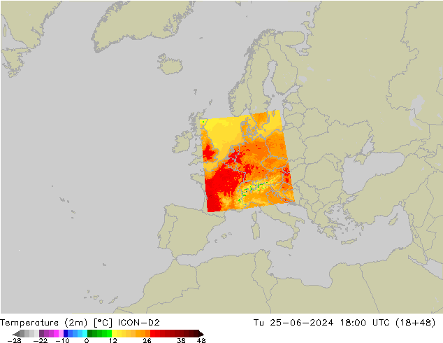 Temperatuurkaart (2m) ICON-D2 di 25.06.2024 18 UTC