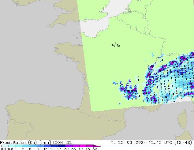 Precipitation (6h) ICON-D2 Tu 25.06.2024 18 UTC