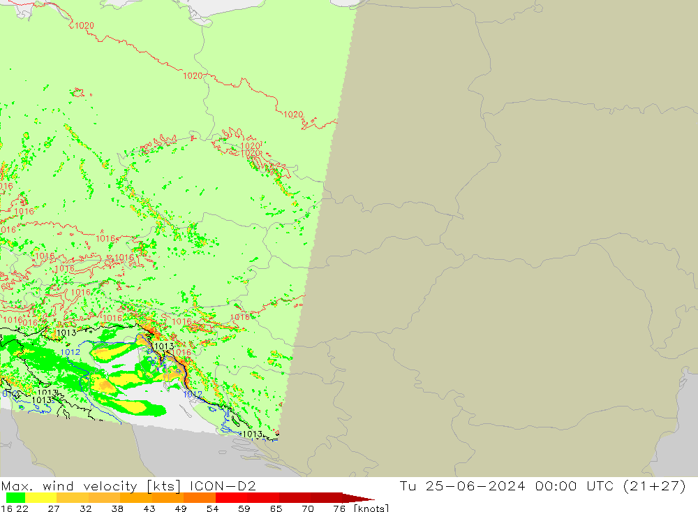 Max. wind velocity ICON-D2 Tu 25.06.2024 00 UTC