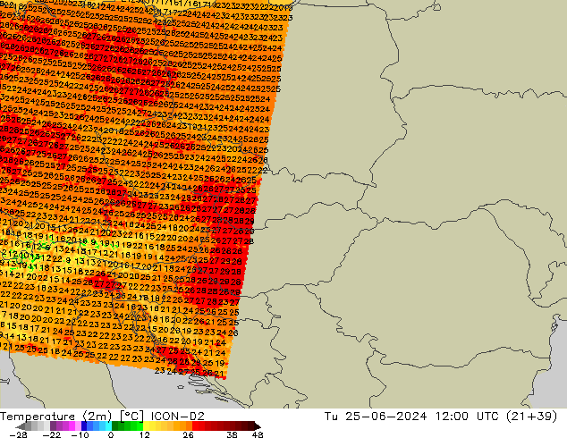 mapa temperatury (2m) ICON-D2 wto. 25.06.2024 12 UTC