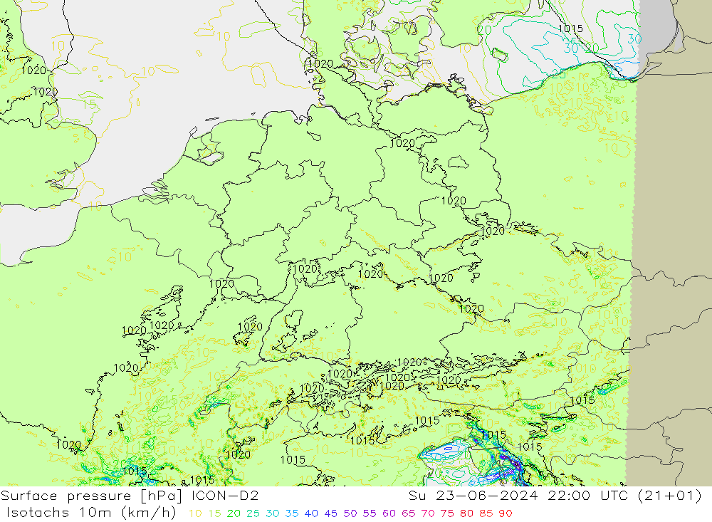 Isotachs (kph) ICON-D2 Ne 23.06.2024 22 UTC