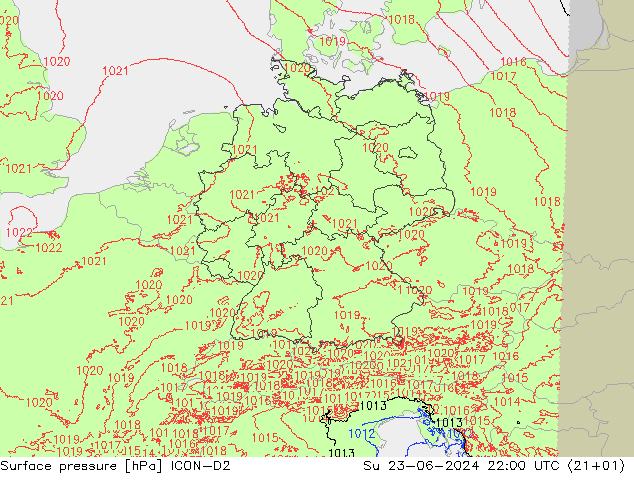 Luchtdruk (Grond) ICON-D2 zo 23.06.2024 22 UTC