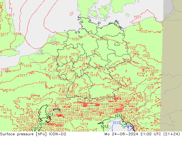 Presión superficial ICON-D2 lun 24.06.2024 21 UTC