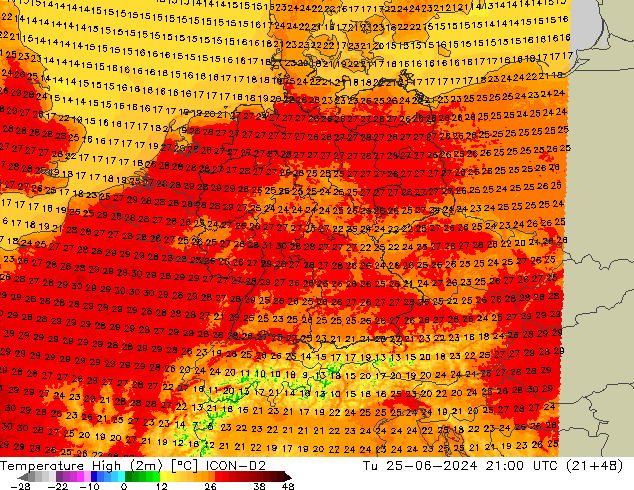 Temperature High (2m) ICON-D2 Tu 25.06.2024 21 UTC