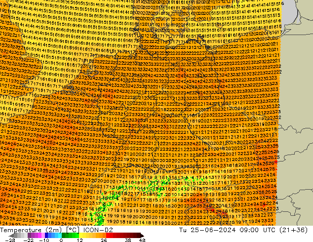 Temperature (2m) ICON-D2 Tu 25.06.2024 09 UTC