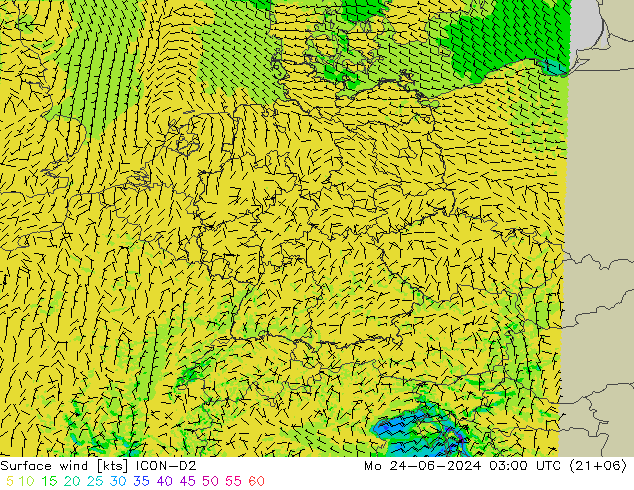 Viento 10 m ICON-D2 lun 24.06.2024 03 UTC