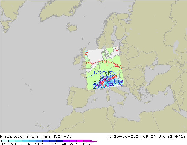 降水量 (12h) ICON-D2 星期二 25.06.2024 21 UTC