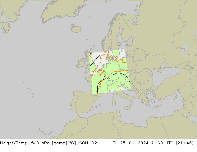 Height/Temp. 500 hPa ICON-D2 wto. 25.06.2024 21 UTC