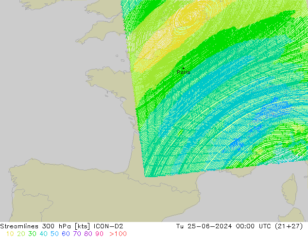 Streamlines 300 hPa ICON-D2 Tu 25.06.2024 00 UTC