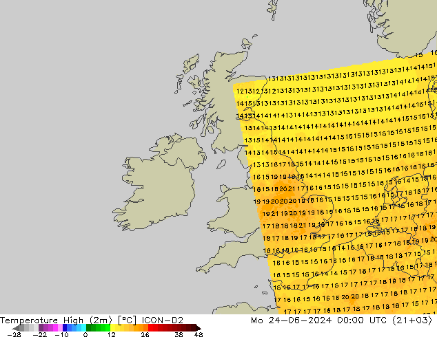 Temperature High (2m) ICON-D2 Mo 24.06.2024 00 UTC