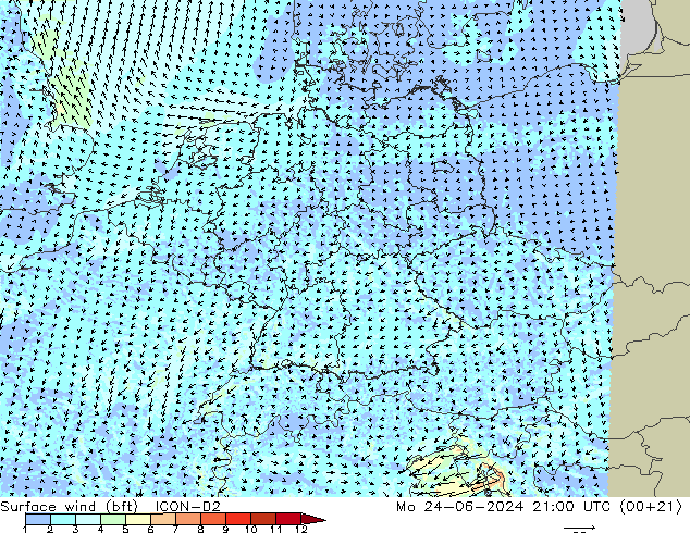 Bodenwind (bft) ICON-D2 Mo 24.06.2024 21 UTC
