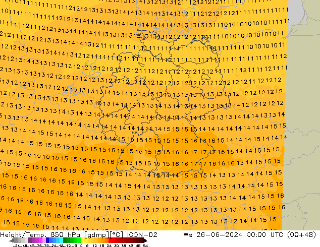 Height/Temp. 850 hPa ICON-D2 mer 26.06.2024 00 UTC