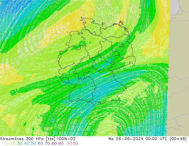 Stroomlijn 300 hPa ICON-D2 wo 26.06.2024 00 UTC