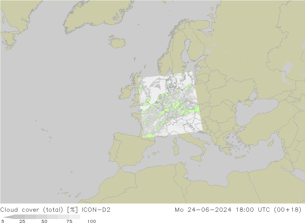 Cloud cover (total) ICON-D2 Mo 24.06.2024 18 UTC