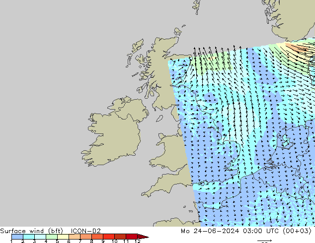 Surface wind (bft) ICON-D2 Po 24.06.2024 03 UTC