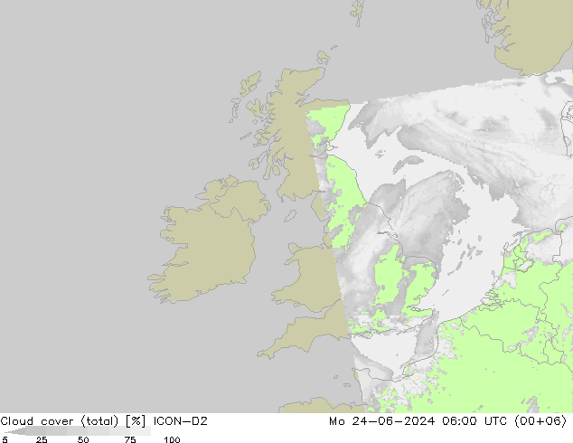 Cloud cover (total) ICON-D2 Mo 24.06.2024 06 UTC