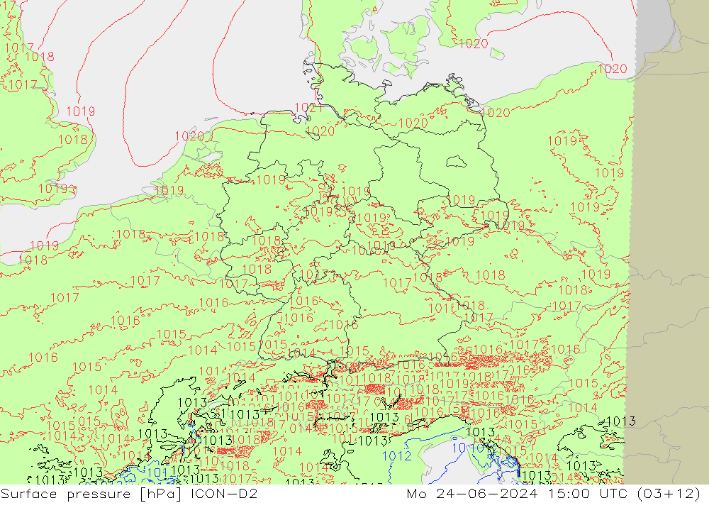 Surface pressure ICON-D2 Mo 24.06.2024 15 UTC