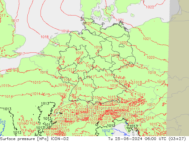 Surface pressure ICON-D2 Tu 25.06.2024 06 UTC