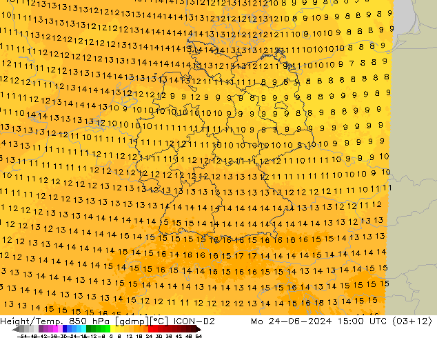 Geop./Temp. 850 hPa ICON-D2 lun 24.06.2024 15 UTC