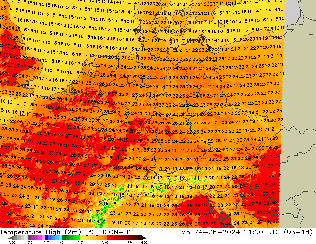 Max. Temperatura (2m) ICON-D2 pon. 24.06.2024 21 UTC