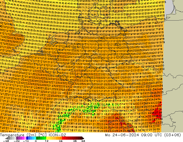 mapa temperatury (2m) ICON-D2 pon. 24.06.2024 09 UTC