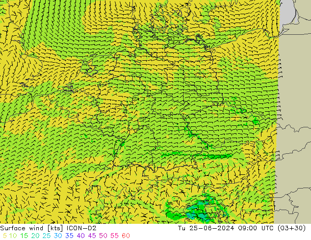 Vento 10 m ICON-D2 Ter 25.06.2024 09 UTC