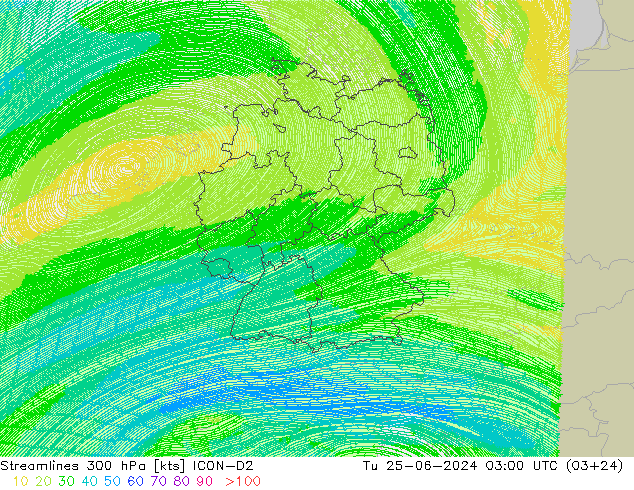 风 300 hPa ICON-D2 星期二 25.06.2024 03 UTC