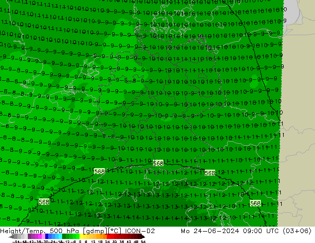 Geop./Temp. 500 hPa ICON-D2 lun 24.06.2024 09 UTC