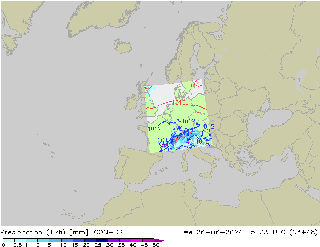 Precipitazione (12h) ICON-D2 mer 26.06.2024 03 UTC
