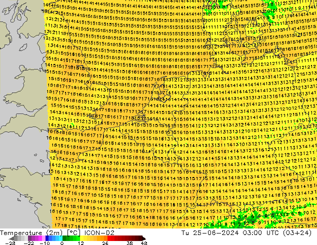 Temperatura (2m) ICON-D2 mar 25.06.2024 03 UTC