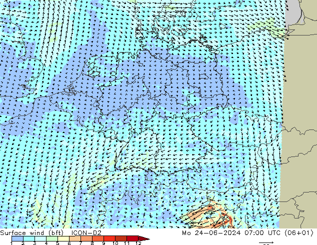 Vent 10 m (bft) ICON-D2 lun 24.06.2024 07 UTC