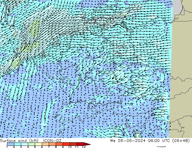 Surface wind (bft) ICON-D2 St 26.06.2024 06 UTC