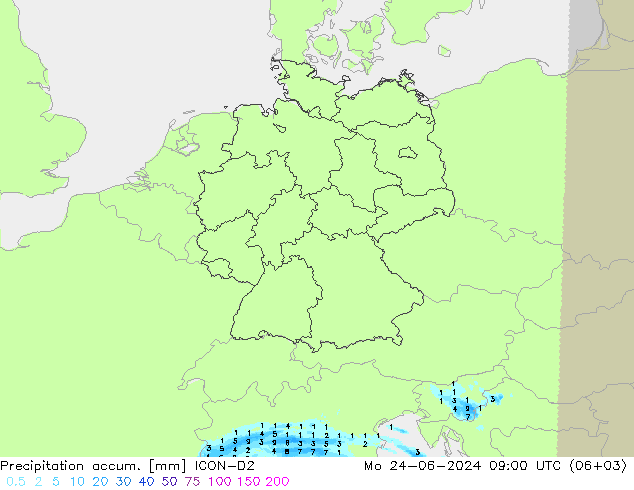 Precipitation accum. ICON-D2 星期一 24.06.2024 09 UTC