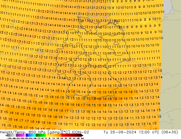 Yükseklik/Sıc. 850 hPa ICON-D2 Sa 25.06.2024 12 UTC