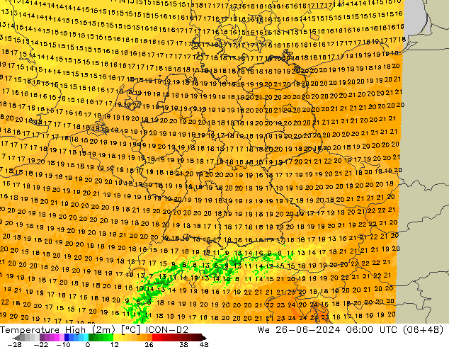 Max.temperatuur (2m) ICON-D2 wo 26.06.2024 06 UTC