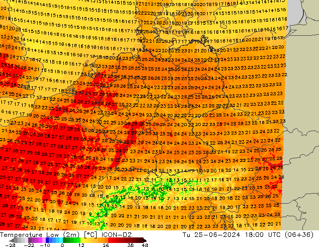 Temp. minima (2m) ICON-D2 mar 25.06.2024 18 UTC