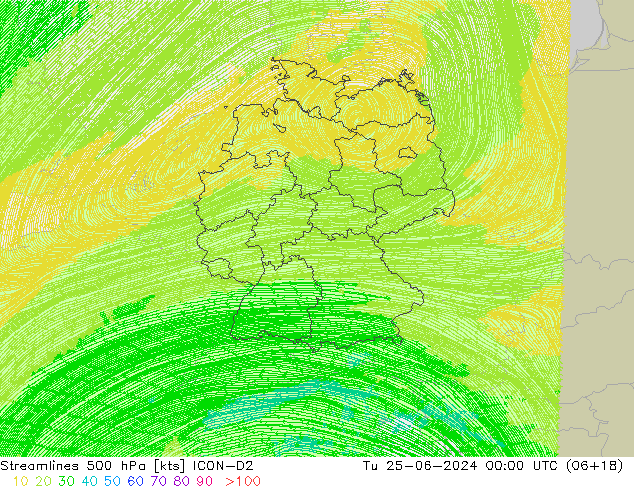 Linia prądu 500 hPa ICON-D2 wto. 25.06.2024 00 UTC