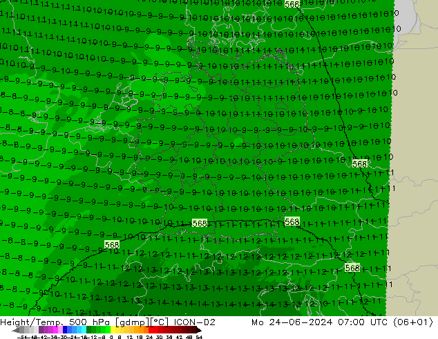 Height/Temp. 500 hPa ICON-D2 pon. 24.06.2024 07 UTC