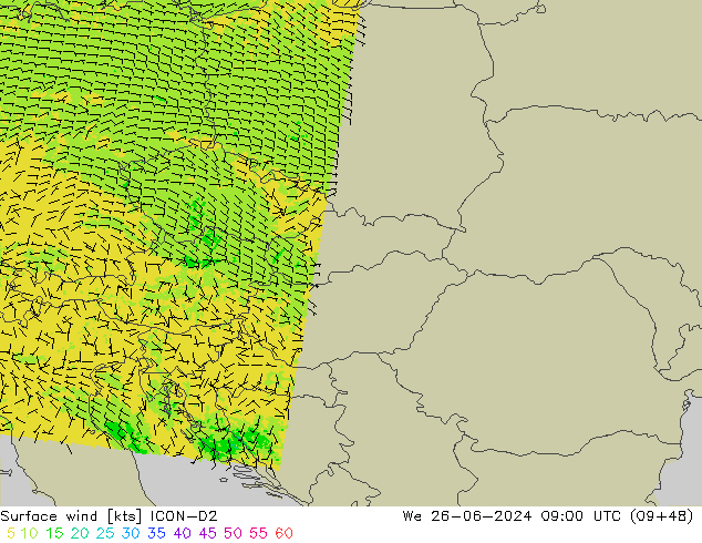 ветер 10 m ICON-D2 ср 26.06.2024 09 UTC