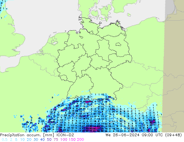 Precipitation accum. ICON-D2 ср 26.06.2024 09 UTC